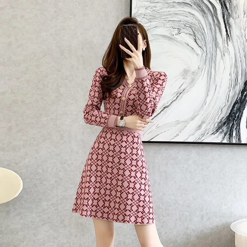 #0907 Pink Plaid Sweater Dress V-neck Buttons High Waist Vintage Short A-line Dress Long Sleeve Retro Stretch Office Mini Dress