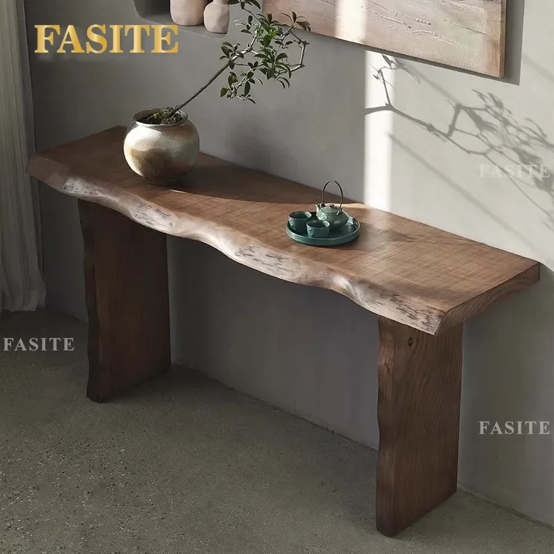 For Wabi Sabi Natural Edge Log Console Table Solid Wood Retro Decorative Strip Case Living Room Entrance Wall Mounted