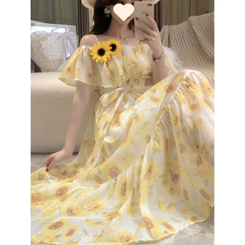 

Three Dimensional Flower One Shoulder Floral Dress Women's Summer Fashion Lotus Leaf Splicing Waist Slimming Dress