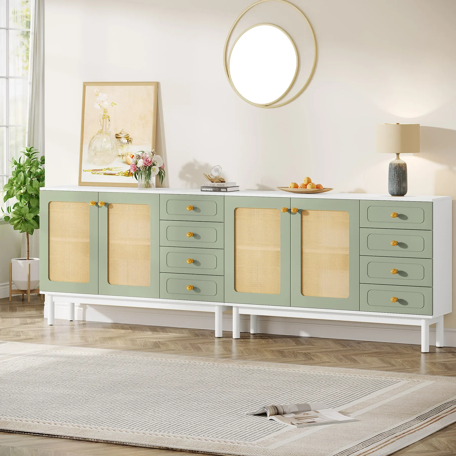 

Tribesigns Rattan Sideboard Buffet Cabinet With Doors With 4 Storage Drawers, Storage Cabinet For Dining Room