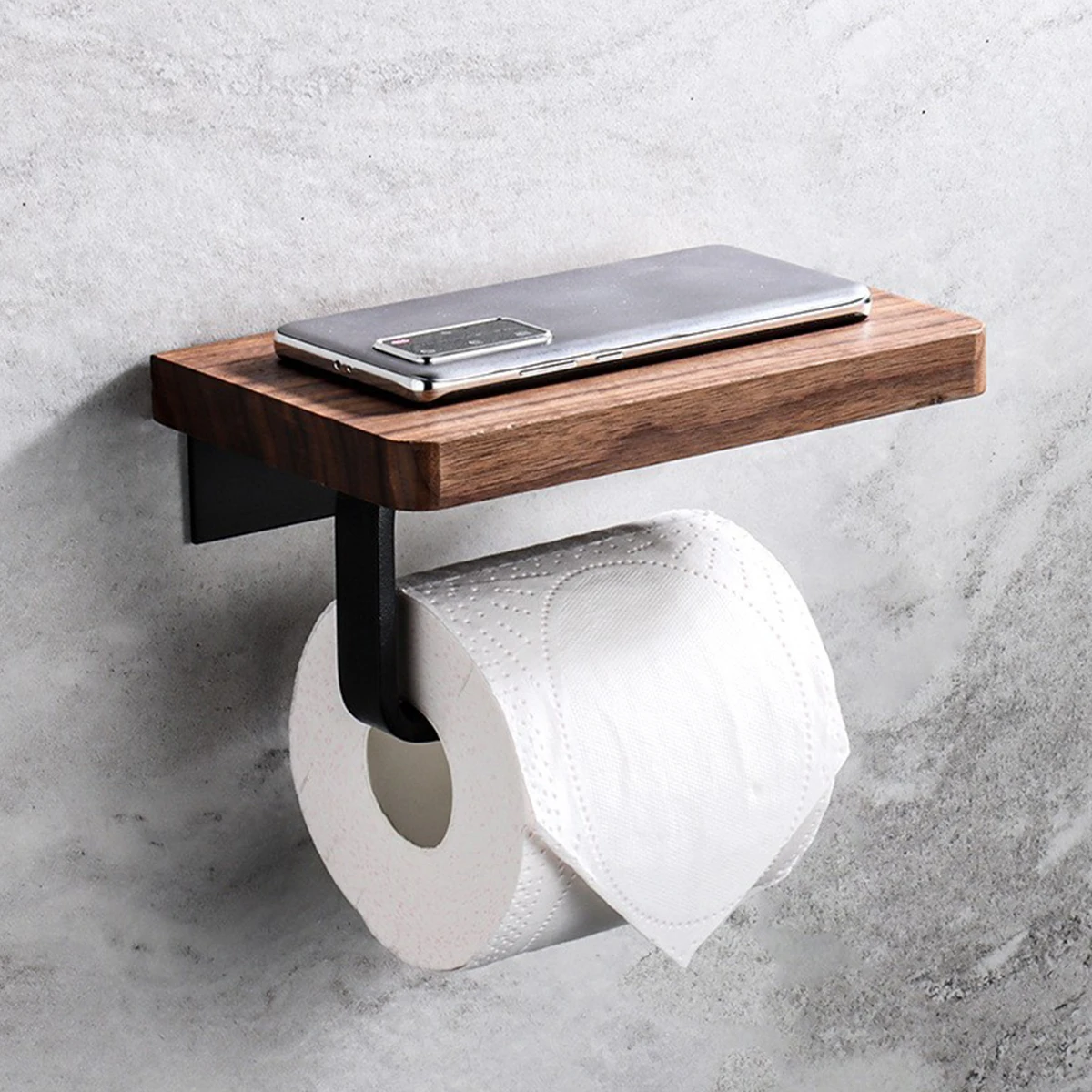 Toilet Paper Holder with Walnut Wooden Shelf Tissue Roll Hanger Wall Mounted Paper Towel Bar Stainless Steel Paper Towel Rack