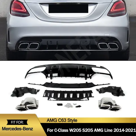 Magickit For Mercedes-Benz C Class W205 Sedan AMG-Line Rear Diffuser with Silver Color Exhaust Tips Rear Bumper Diffuser 2014-21
