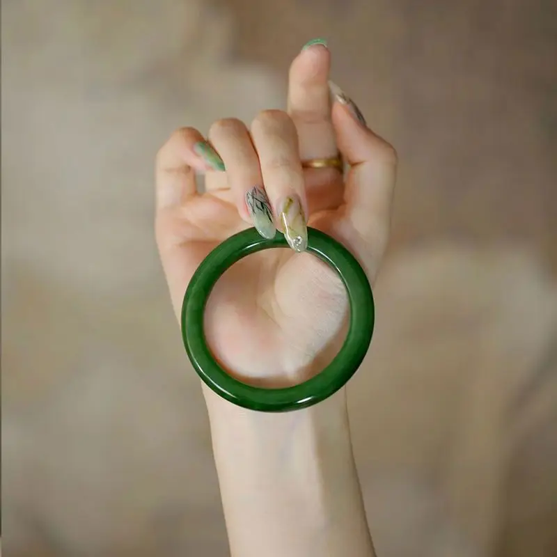 

Hetian bracelet women, young girls' spinach green round , Qinghai material, jade beauty bar