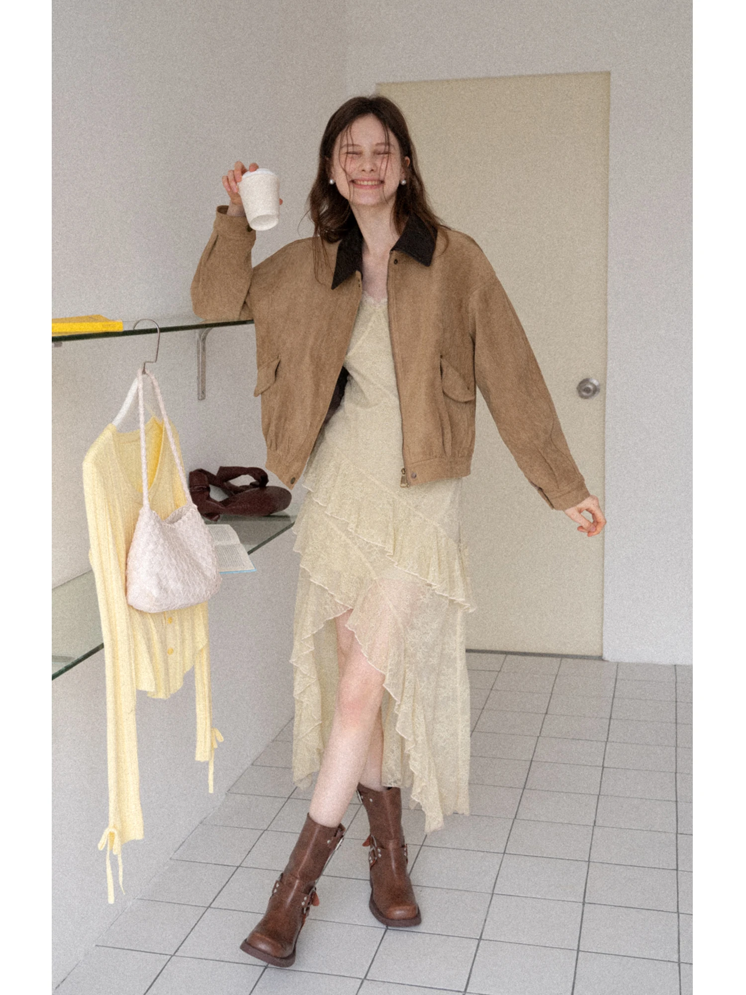 Kaki Color Removable Suede Coat Women's Retro Short Top EGGKA Brand Polyester Fiber Zipper Closure Straight Hemline