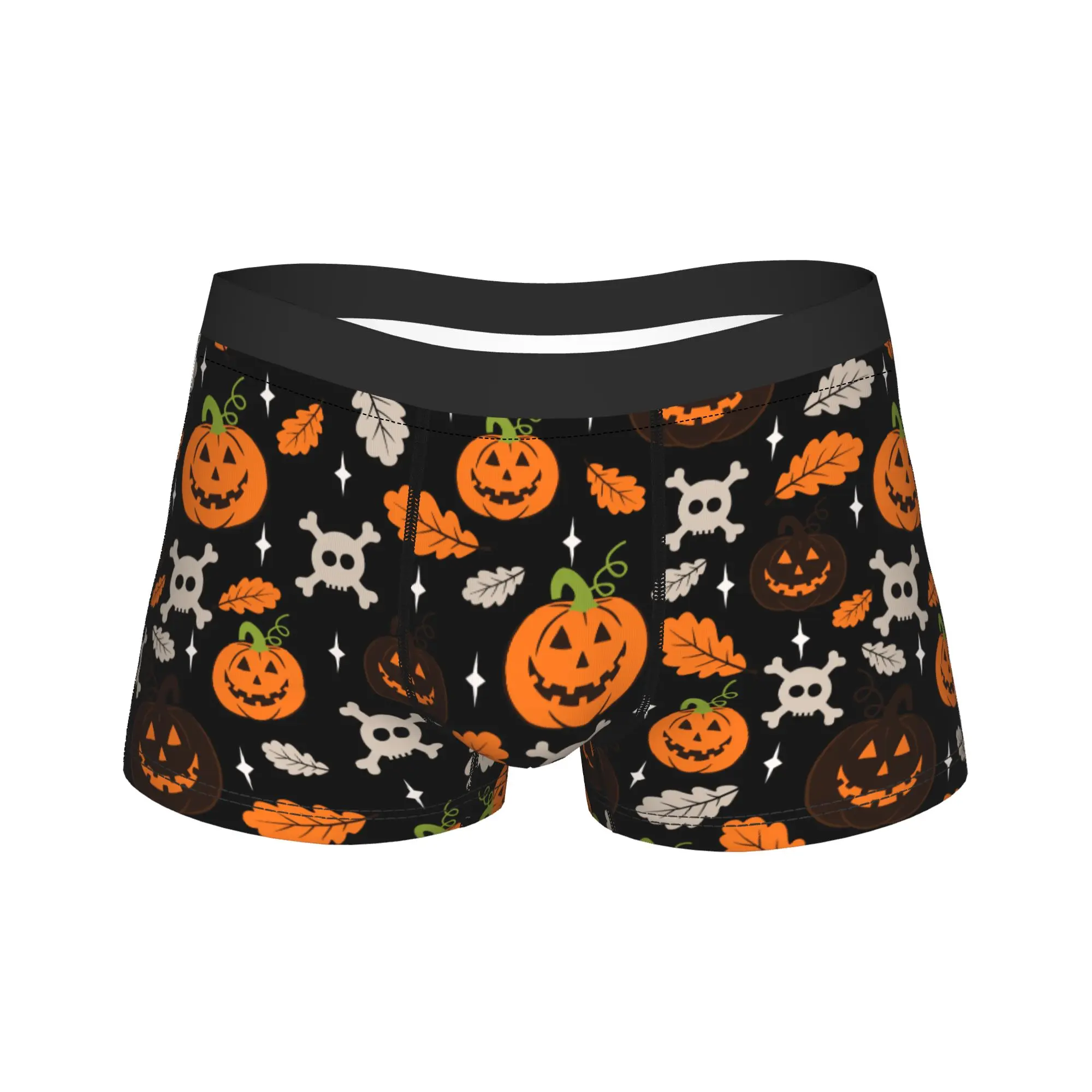 Man Skull Halloween Happy Pumpkins and Fall Leaves Long Underwear  Novelty Boxer Briefs Shorts Panties Male Soft Underpants