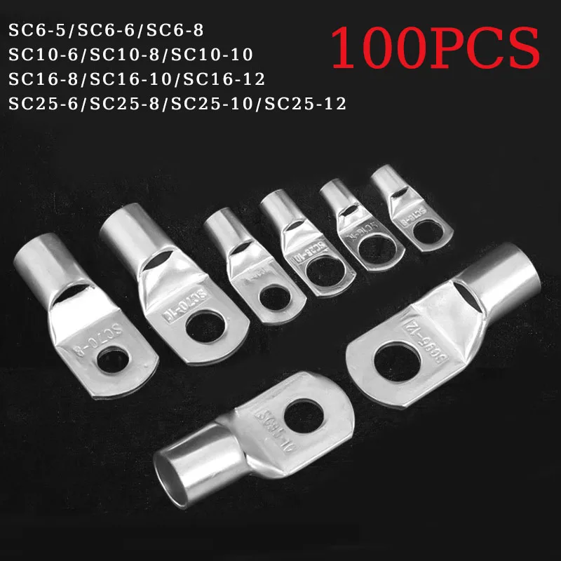 

100Pcs SC Type Nose Terminal SC6 SC10 SC16 SC25 Copper Wire Lugs Ring Bare Cable Electric Crimp DTGA Cable Connector 6mm 8mm