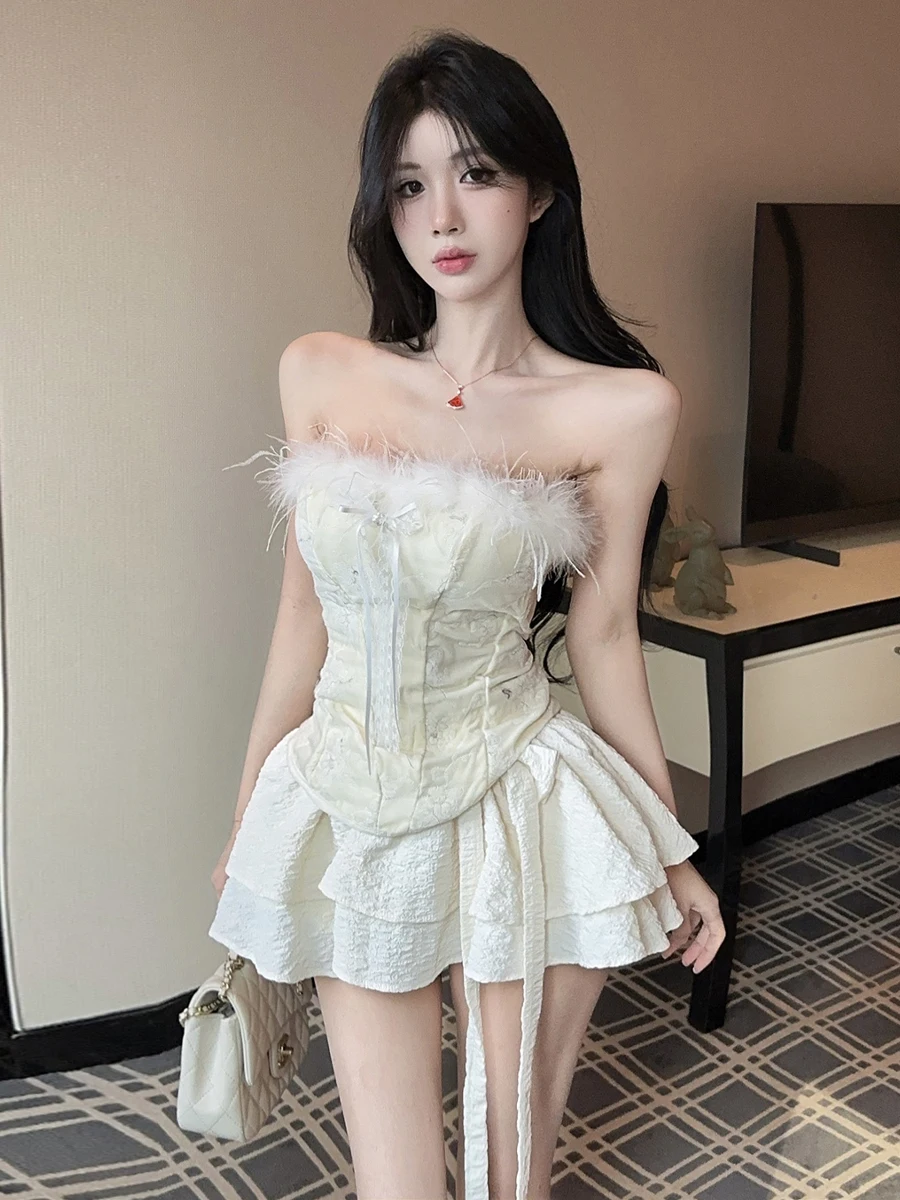 Sweet  Knot Embroidered Pure Desire Strapless Bustier Top High Waist Puffy Cake Skirt Women's Ensemble Summer Fashion