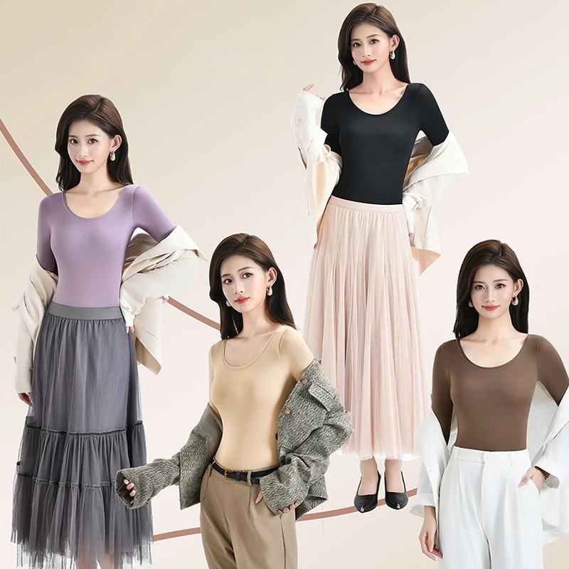 FINETOO Thermal Underwear Set Built‑in Bra Pads Seamless Thin Warm Long High Elasticity Ladies Winter Thermal Suit No Wear Bra