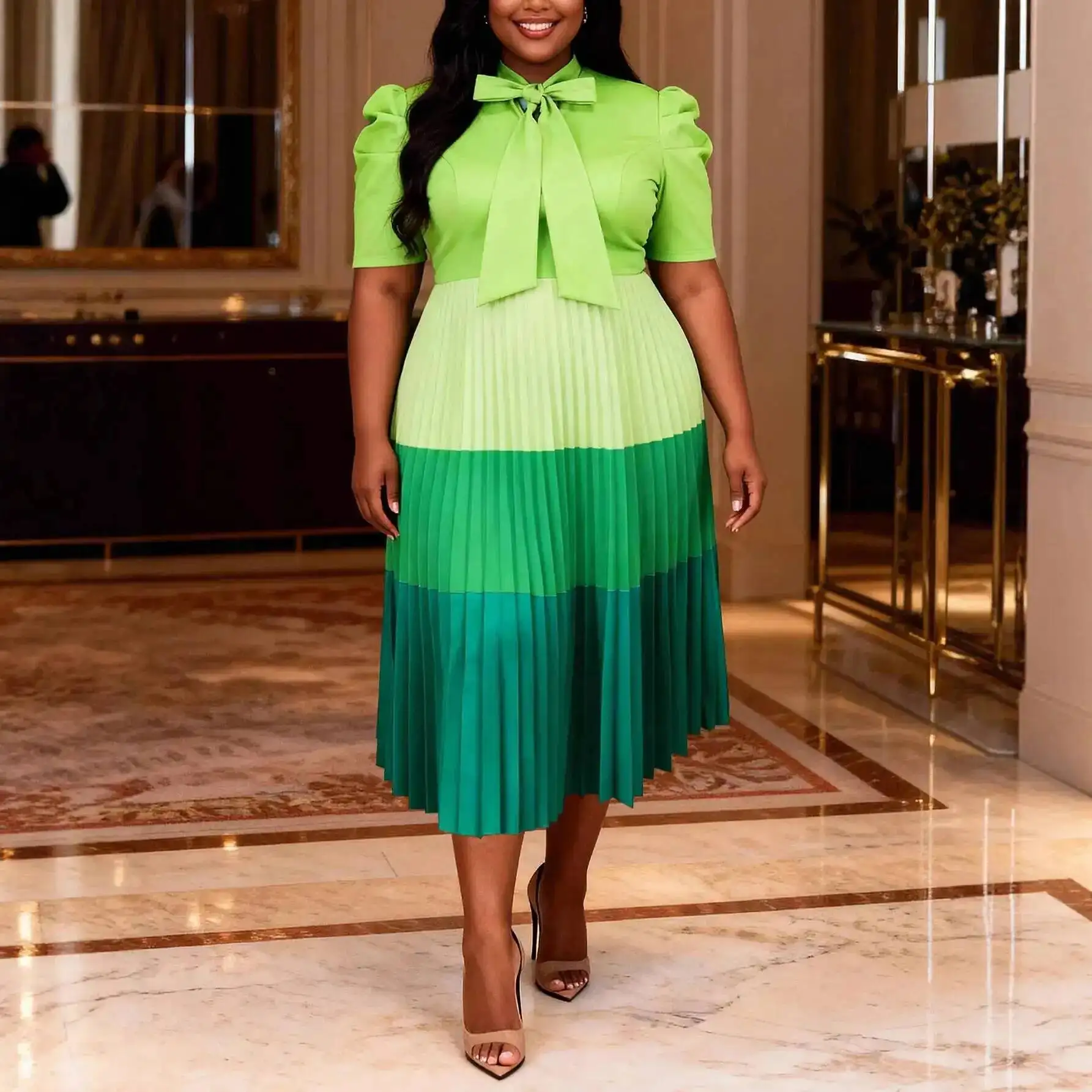 

Plus-size Women's Dress With Tie Collar And Contrasting Colors, Pleated Skirt, Comfortable, Elegant, Slimming, High-waisted Y2K