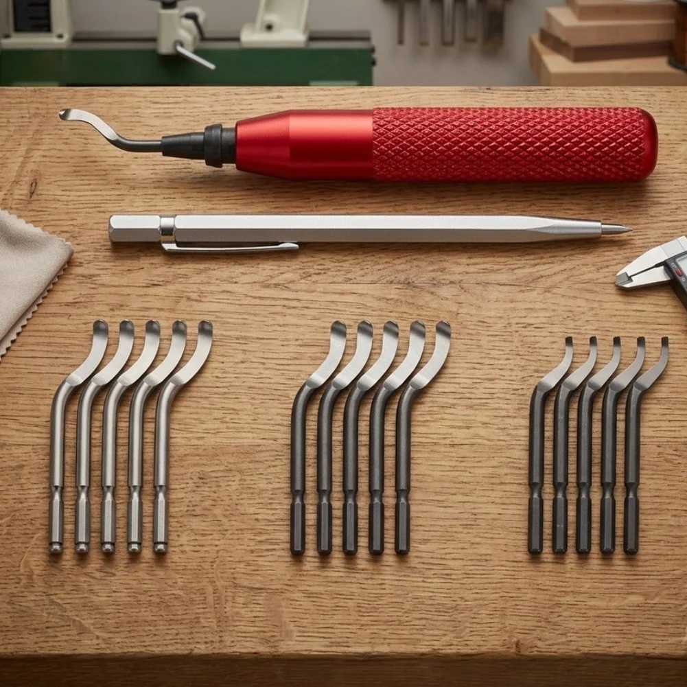 Precision Deburring Tool Set With Red CNC Anodized Handle Metal Hand Burr Trimming Wood Deburring Tools