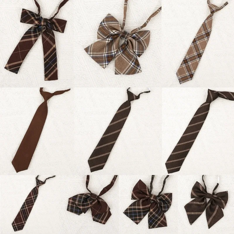 Polyester Silk Pre-Tied Neck Tie Vintage Brown Checkered Striped Necktie JK Girl School Student Uniform Bowknot Bowtie