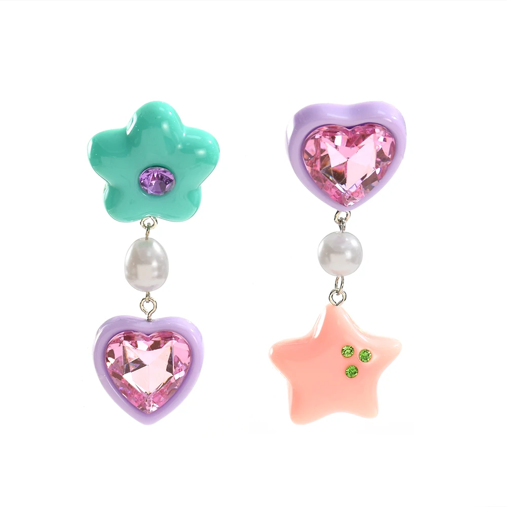 Sweet Acrylic Asymmetrical Heart Star Drop Earrings for Women Girls Cute Romantic Resin Imitation Pearl Earrings Party Jewelry