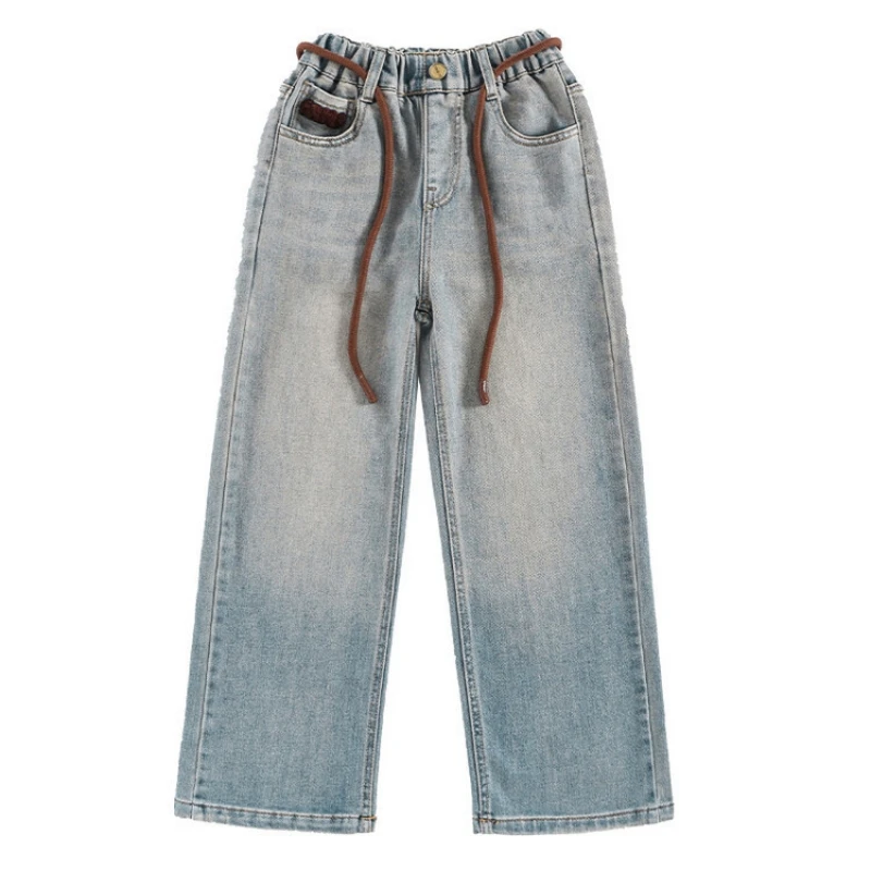 "Girls' Embroidered Letter Palazzo Jeans - Spring/Autumn Season, Loose and Casual Long Pants for Kids"