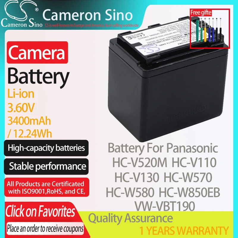 CameronSino Battery for Panasonic HC-V520M HC-V110 HC-V130 HC-W570 HC-W580 fits Panasonic VW-VBT190 Digital camera Batteries