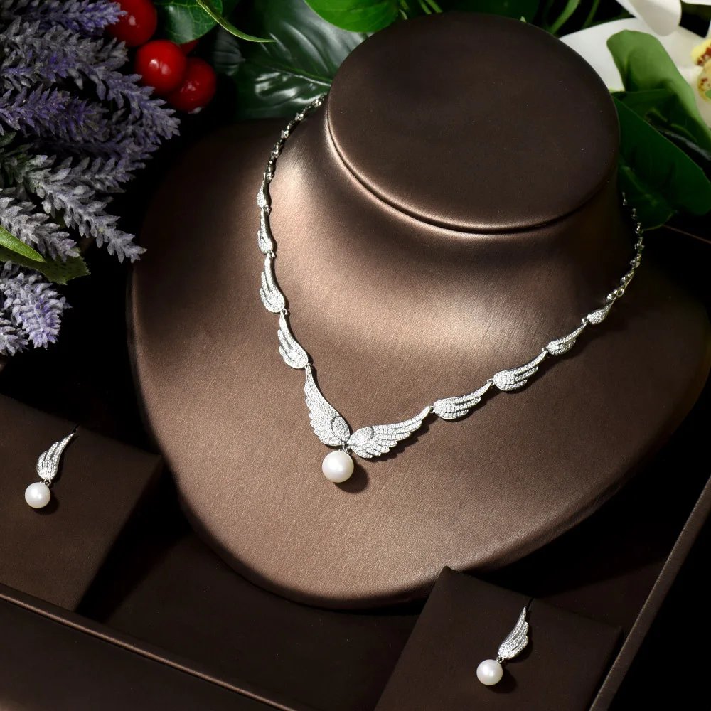 HIBRIDE Full Micro Pave Angel Wing Necklace Earring Set Cubic Zirocnia Dubai Jewelry for Nigeria Women Wedding Set bijoux N-1441