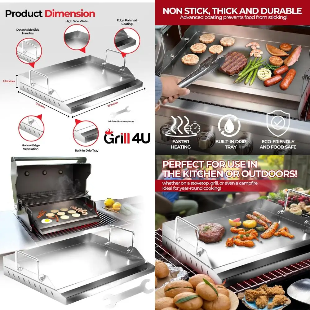 

17 Stainless Steel Universal Gas Grill Griddle Pan with Nonstick Surface and Removable Handles for Outdoor Cooking
