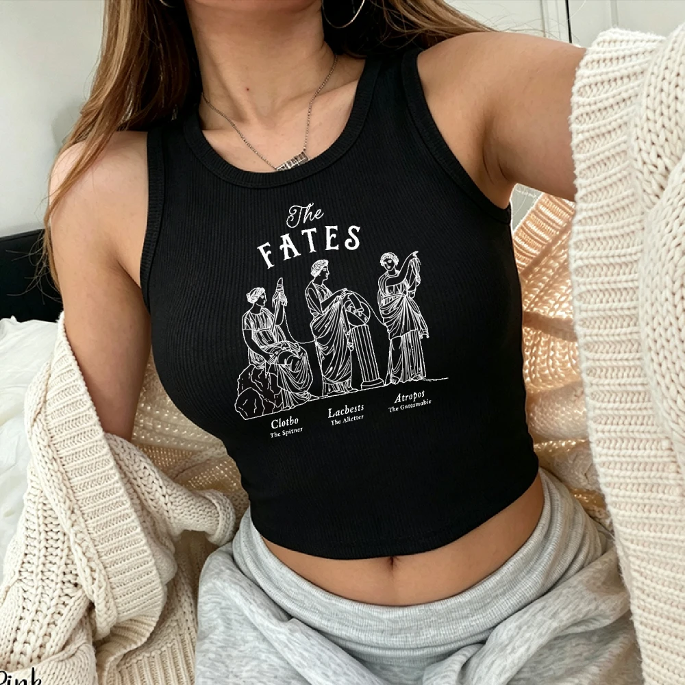The Fates Antique Myth Graphic Vintage Casual Women Y2K Ribbed Crop Top Classical Goddess Print Bookish Retro Fashion Daily Tank