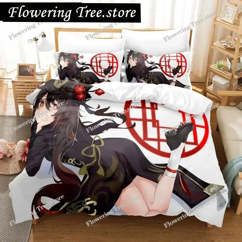 

H-Hu Tao Genshin Impact Game 3D Duvet Cover Bedding Set Comforter Linen Pillowcases Home Decor Single Double Twin King Queen 025