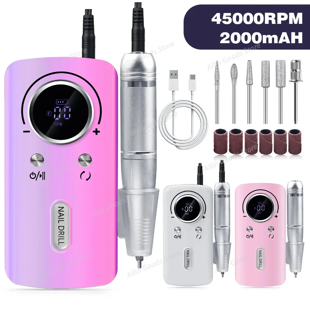 Professional 45000RPM Electric Portable Nail Drill Machine Rechargeable Low Noise Nail Sander File for Manicure Salon Tool