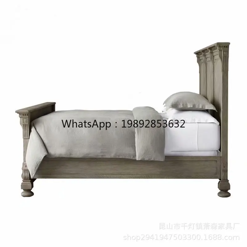 LYY French Style Solid Wood Oak Bed Antique Distressed Carved Double Bed Bedroom Vintage Wedding Bed