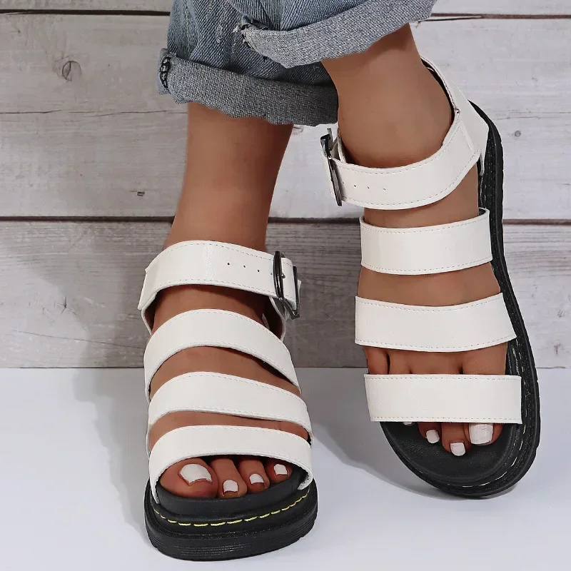 Summer 2024 Classic Leather Sandals Ladies Roman Buckle Open Toe Beach Shoes Thick Bottom Leather Fish Mouth Trifle Sandals