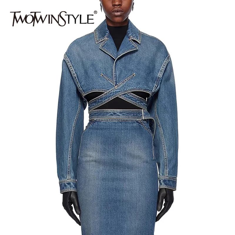 TWOTWINSTYLE Hollow Out Designer Denim Coats For Women Lapel Long Sleeve Slimming Streetwear Jackets Female Fashion Clothes New