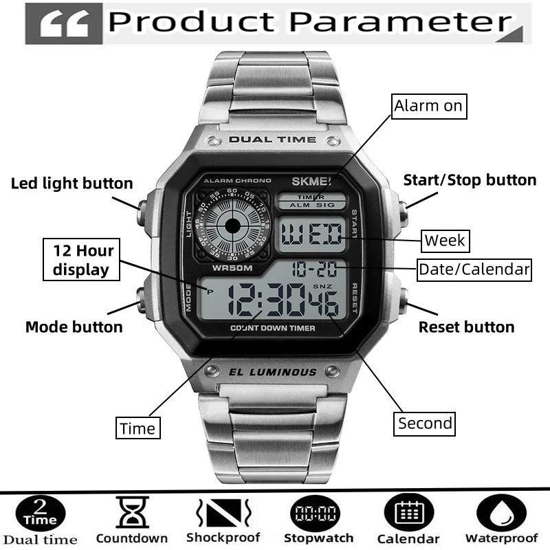Skmei Luxury Brand Gold Men's Watches Stainless Steel Fashion Casual Waterproof Digital Men Watch Sports Clock Man Relogio