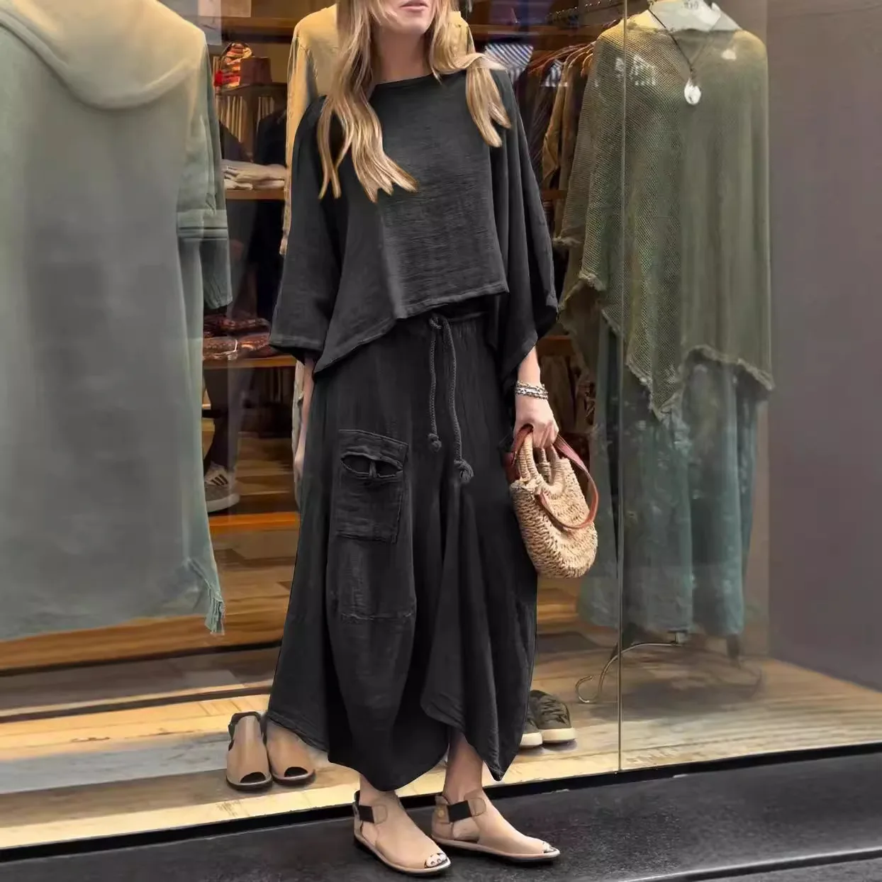 

Spring New Retro Round Neck Top With Headband Irregular Skirt For Women's Casual Solid Color Lace Up Skirt Two-piece Set