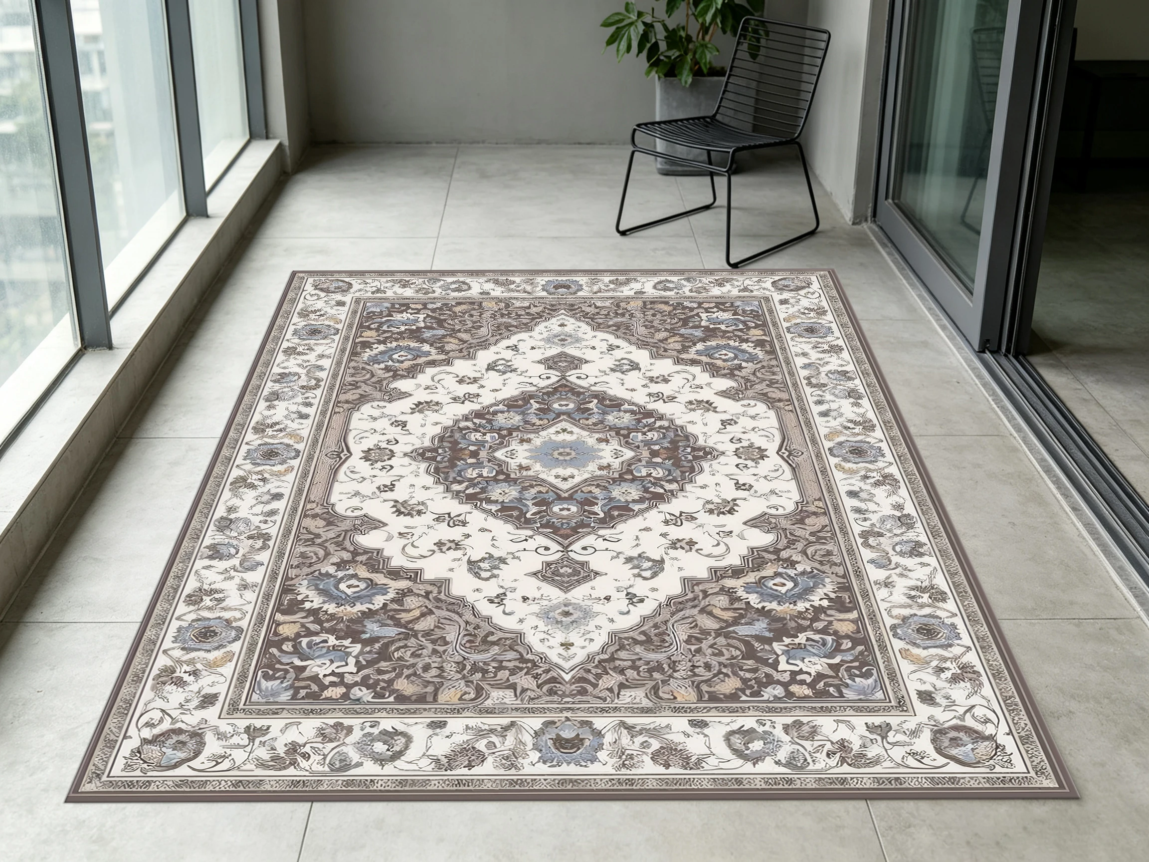 2D Velvet Carpet, 2D Velvet Carpet in Beige-Gray Tones, Vintage Persian Style, Soft and Comfortable, Suitable for Living Rooms and Other Areas.