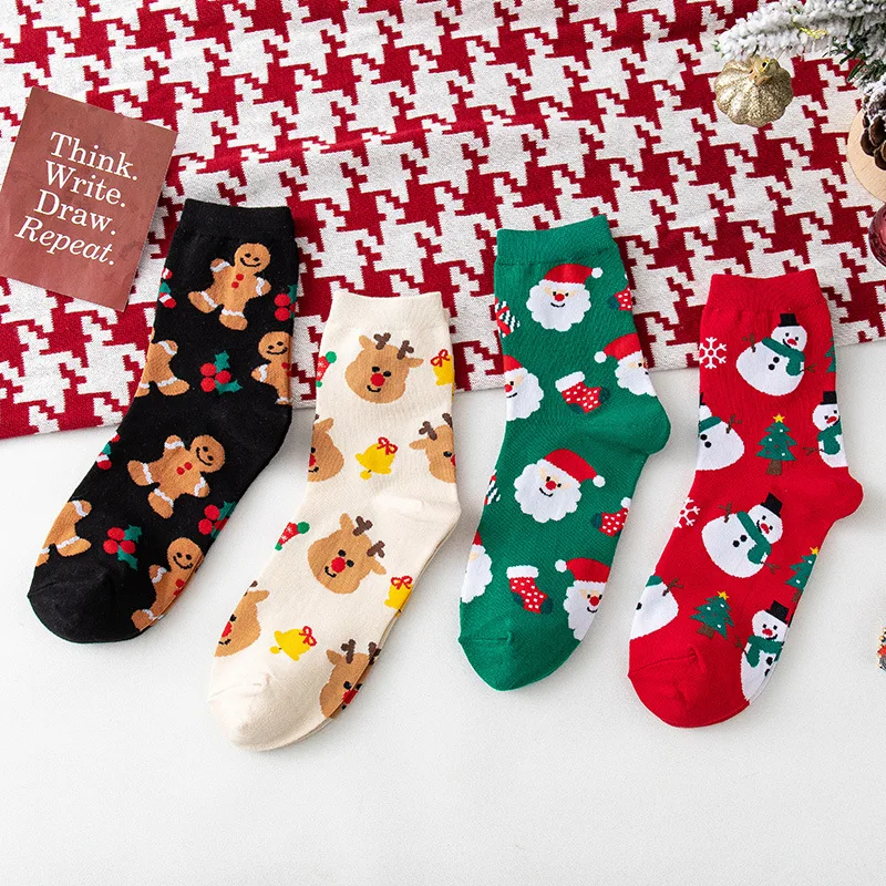 1/4pcs Men Women Christmas Printed Socks Cartoon Snowman Gingerbread Man Reindeer Santa Claus Suitable All Seasons Casual Socks
