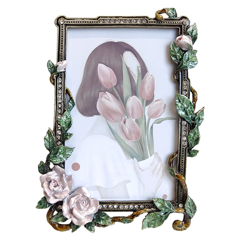 European retro six-inch double rose diamond-encrusted photo frame creative enamel color 6-inch photo washing plus table gift