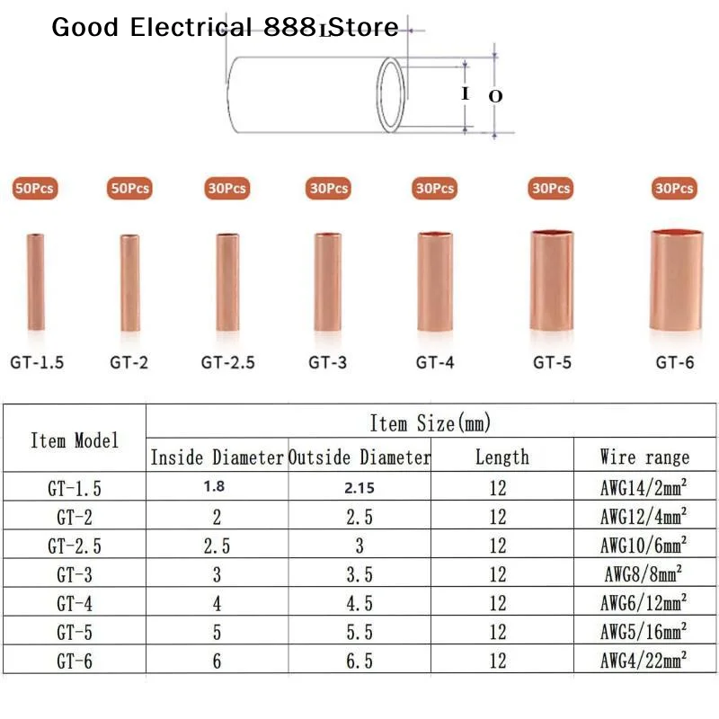 【G】125/250Pcs Wire Ferrules Kit 7 Size Copper Crimp Connector Non Insulated Electrical Butt Terminal Assortment Kit
