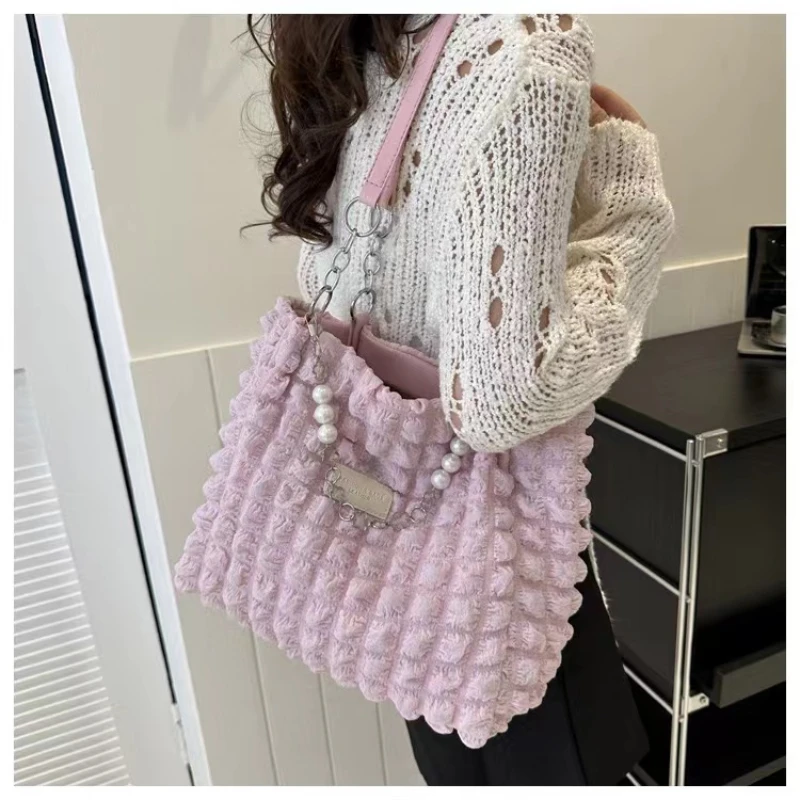 Zaino a bolle pieghettate Borsa tote da donna di grande capacità Borsa a tracolla con catena di perline alla moda Borsa tote da donna per pendolari