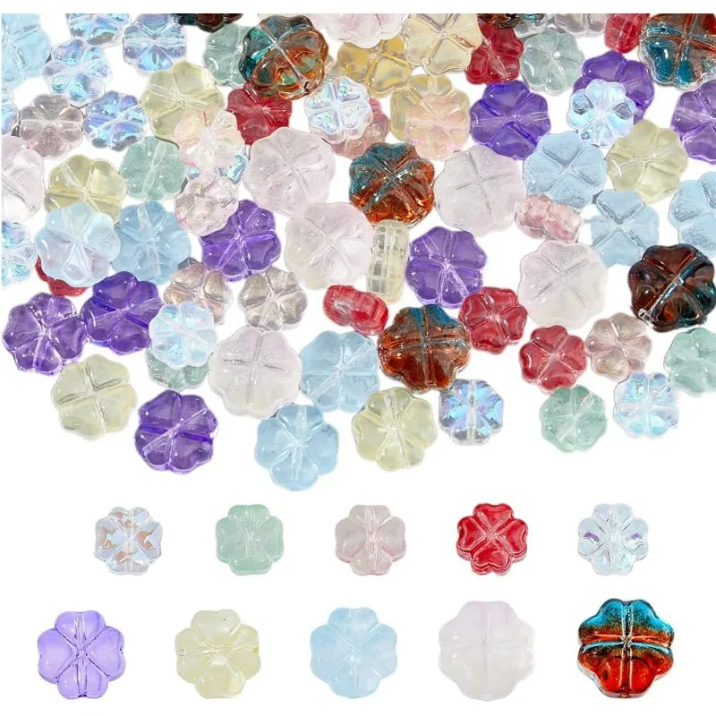 100Pcs Glass Clover Beads Transparent Czech Glass Flower Loose Beads Crystal Spacer Beads for Jewelry Making Bracelet Necklace