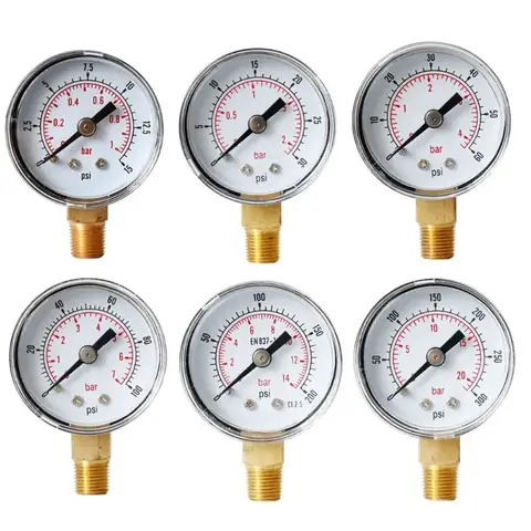 40mm フェイス圧力計 1/8 インチ BSPT 底部取り付け、精度 2.5%、最高温度 60 ℃ 、空気、水、燃料、液体に適しています。