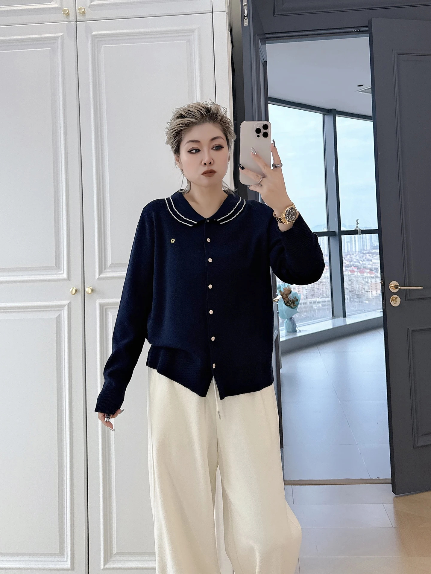 

Slimming Double Layer Doll Collar Knitted Open Cardigan plus Size Women's Inner Wear Casual Loose Fit Long Sve Sweater
