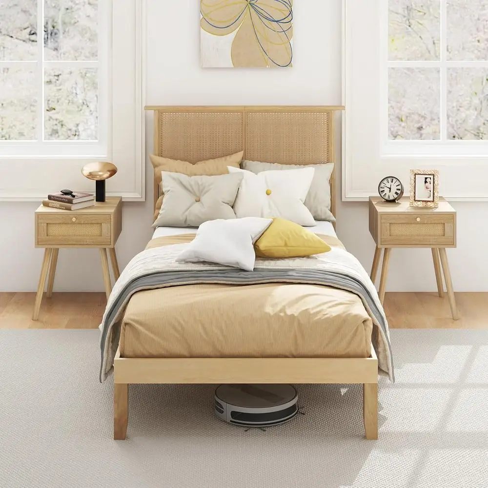 Rattan Twin Bed Frame with Headboard, Bohemian Style Solid Wood Platform Bed, Wooden Foundation and Slats Included, Storage Spac