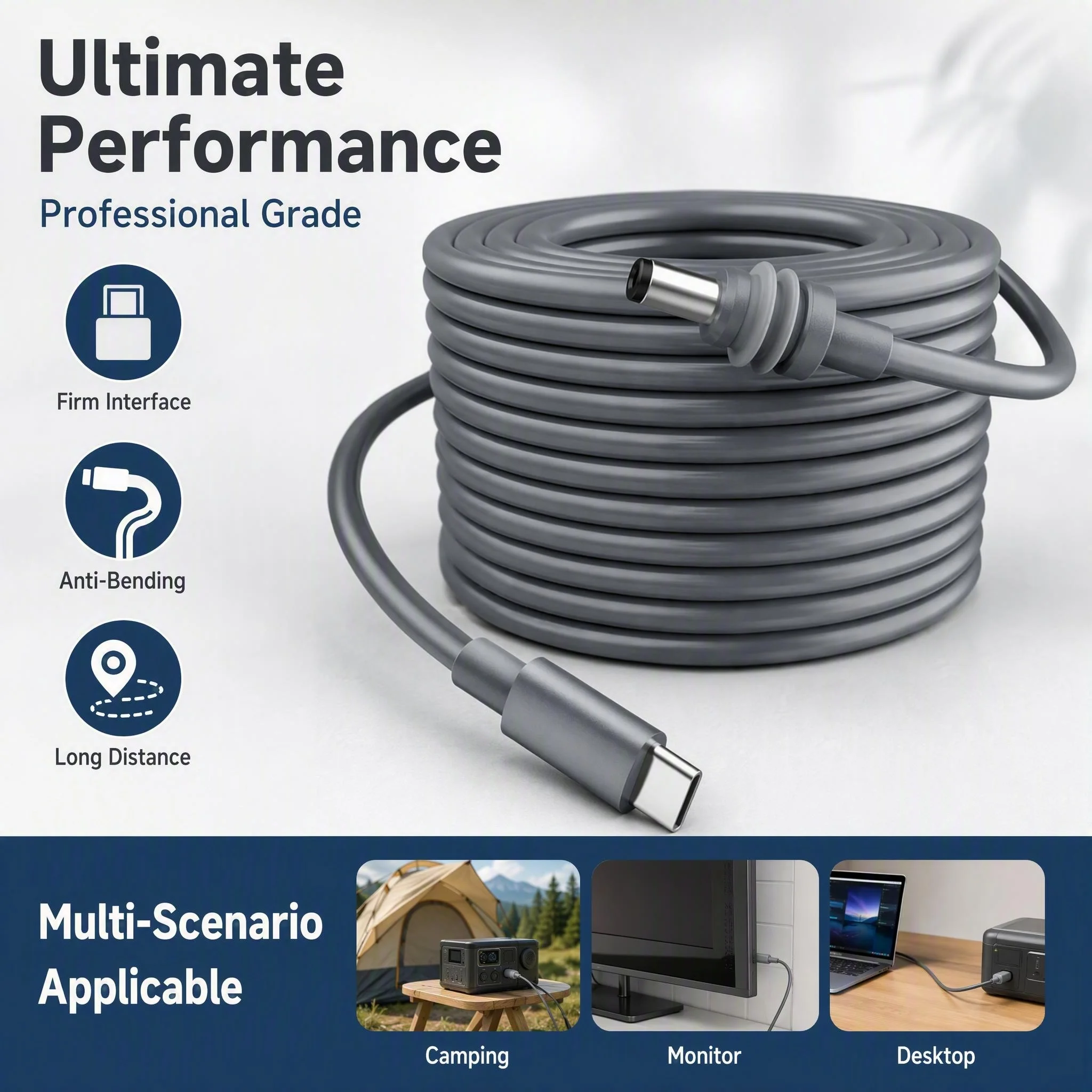 2/3/5M Type-C to DC Male Power Extension Cable, Dark Gray Waterproof Strain Relief Cord for Security Camera Outdoor Use