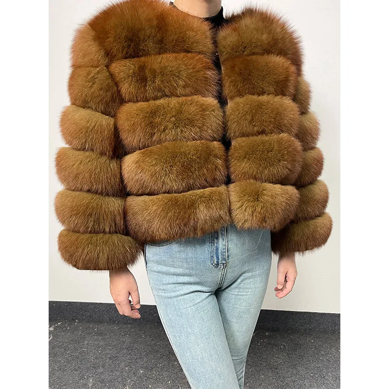 2024 Brown Natural Real Fox Fur Coat Women Winter Warm Luxury Fur Jacket Detachable Long Sleeve Female Vest Furry Coats clothing