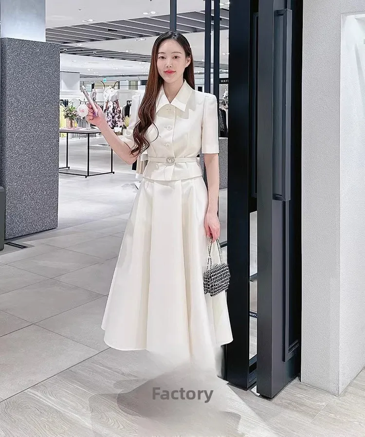 Ele Godd Set Waist-Cinching ort Sve Top with Umbrella Hem Skirt Ci Commute Ladies Faion A-Line Skirt