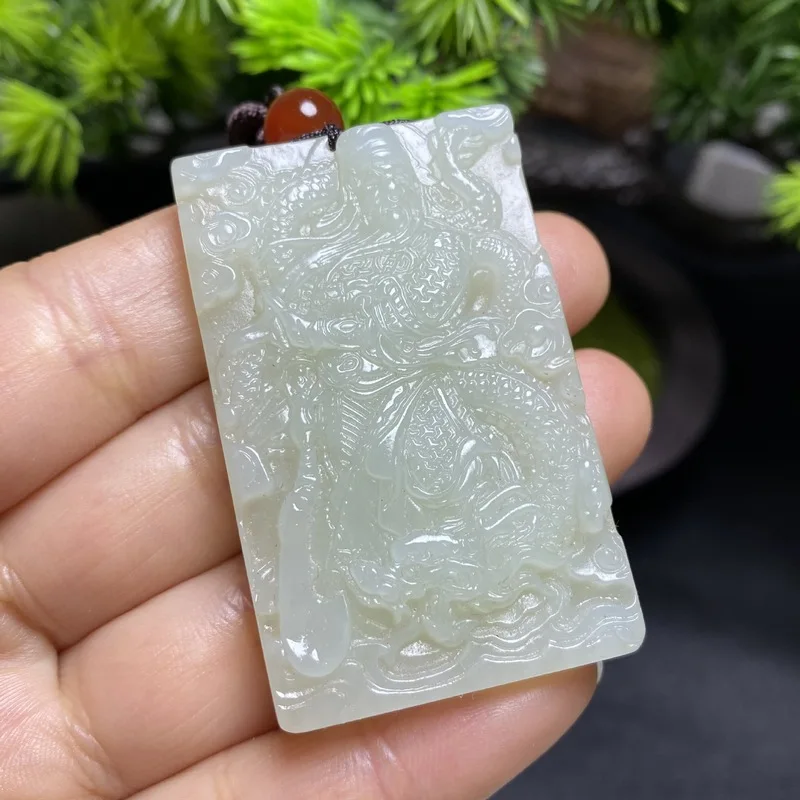 Hetian Gong Jade Men, Yi Bo Yun Tian Cheng Long Guan Er Ye Double-Sided Square Pendant