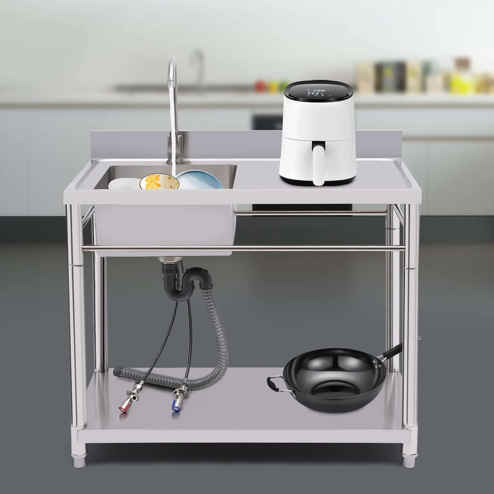 Отдельно стоящая настольная раковина со столешницей, коммерческая раковина из нержавеющей стали для уличной внутренней кухни, прачечной