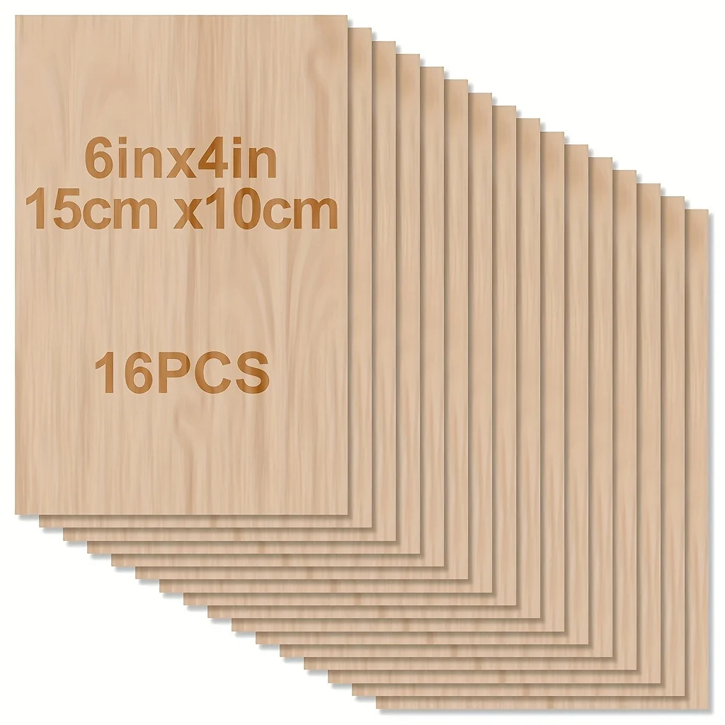 16 Piezas de Tablas de Madera Laminada con Pegamento de 6x4 Pulgadas, 2 mm de Grosor, Superficie Lisa para Corte Láser, Grabado en Madera, Modelos de Construcción, Manualidades DIY