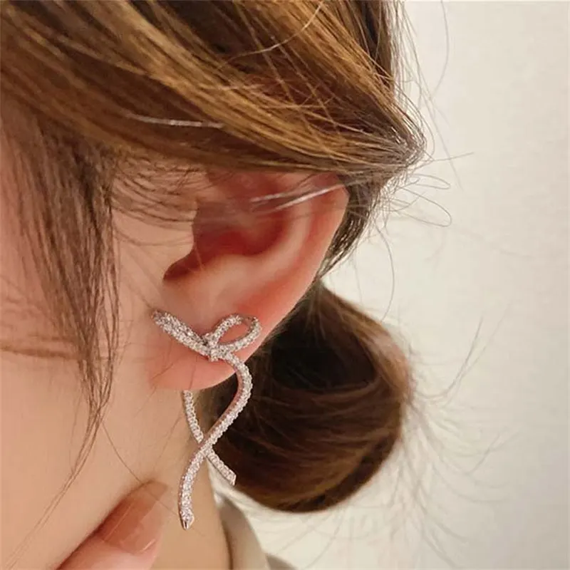 Fashion Silver Color Ribbon Bow Drop Earrings for Women Girls Korean Style Rhinestone Bow Ear Studs Earrings Wedding Jewelry