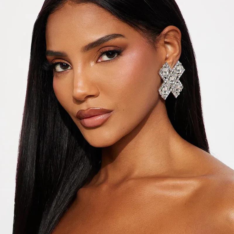 New European And American X-Shaped Earrings Exaggerated Rhinestone Studs Flashy Niche Street Style Accessories for Women