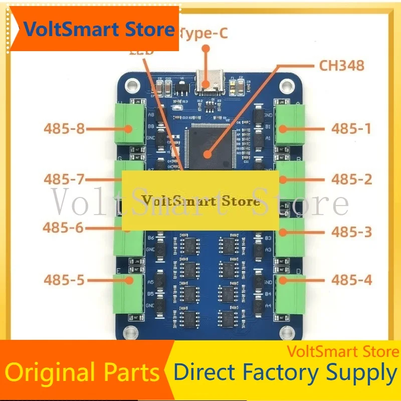 VoltSType-C USB To 8-channel RS485 Serial Converter CH348 Chip Independent Channel Short Circuit Protection