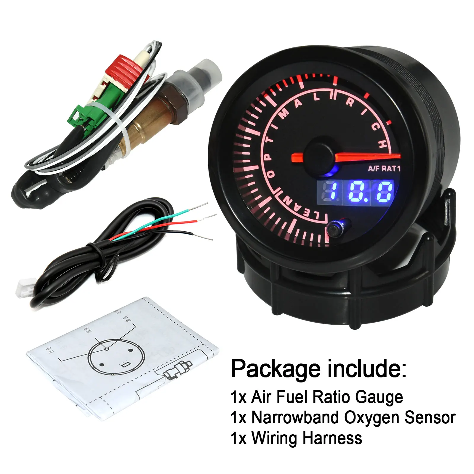 Un Kit di indicatori del rapporto del carburante dell\'aria A banda stretta da 52mm 7 colori LED Digital AFR Meter con sensore di ossigeno O2 A banda