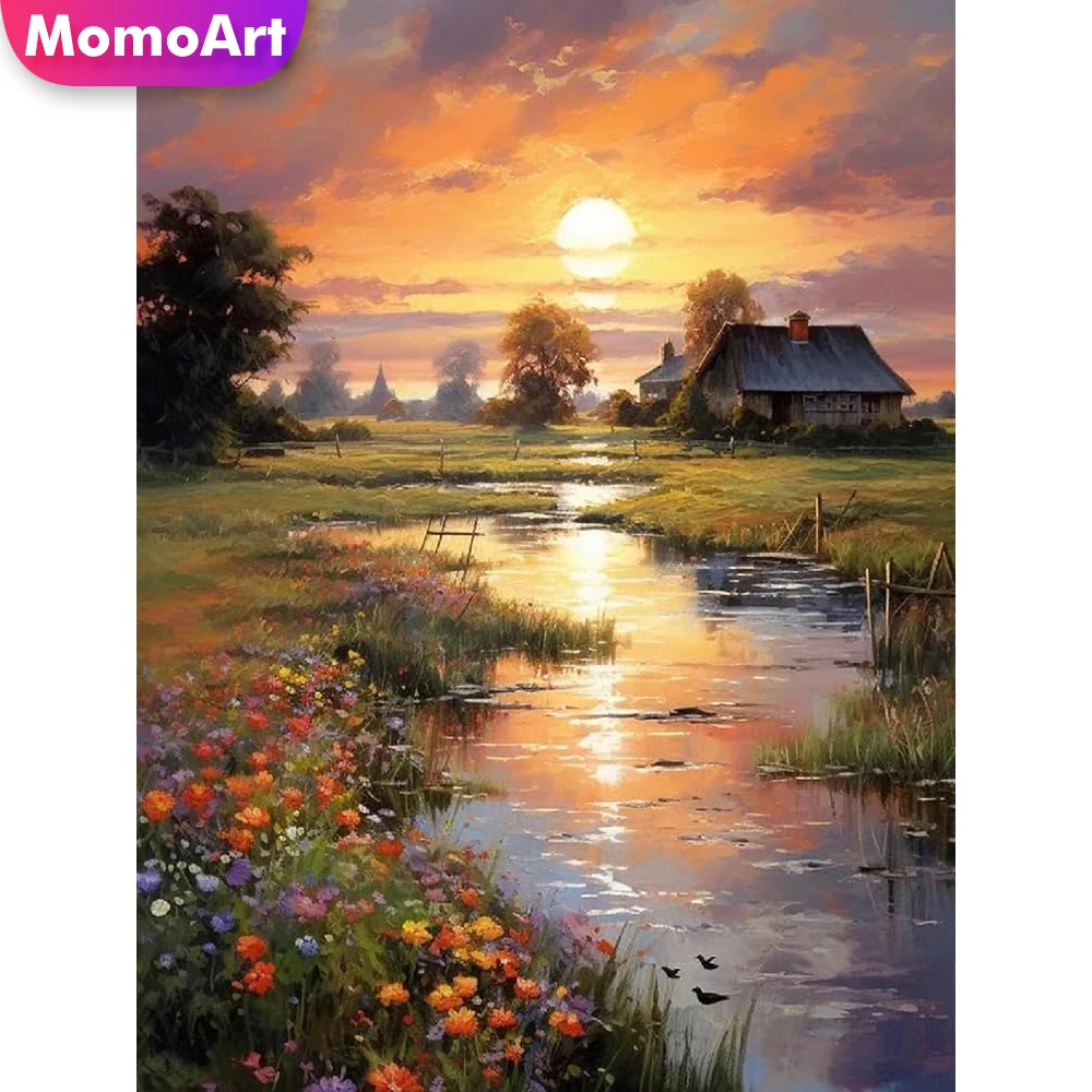Momoart 5D DIY River Diamond Painting House Full Square Round Diamond Embroidery Sunset Landscape Mosaic Decor for Home