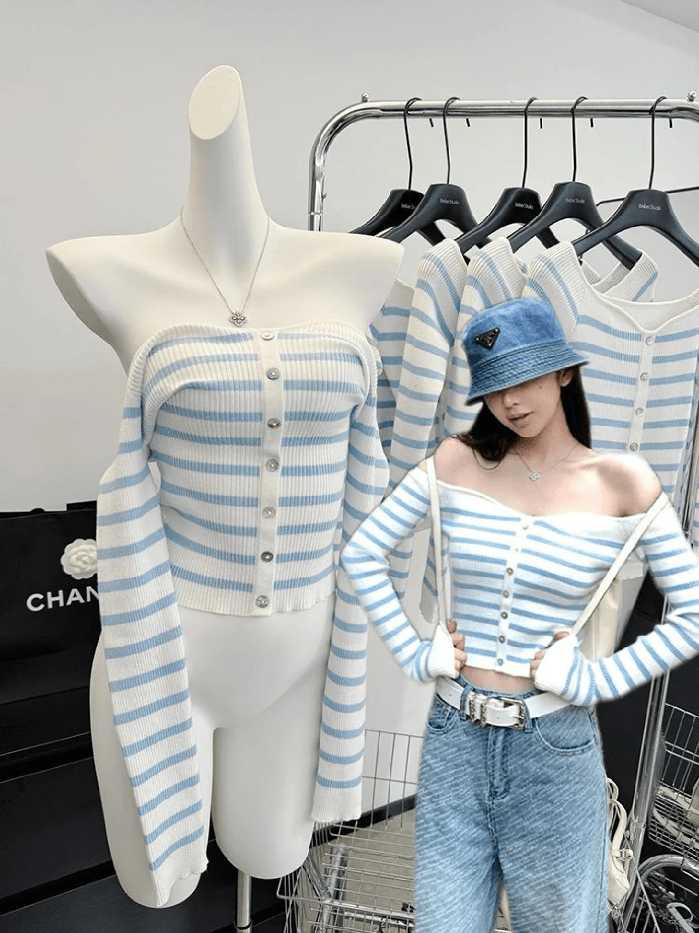 

Сине-белый полосатый вязаный свитер с длинными рукавами, женский облегающий топ с открытыми плечами, сексуальный, для весны