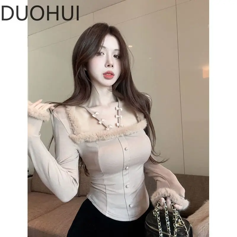 Sweet and Spicy Girl Hanging Neck Fishbone Hairy Top Women's Bow Square Neck Brushed Bottom Inner Layer